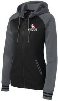 Sport-Tek Ladies  Varsity Fleece Full-Zip Hooded Jacket, Black/ Dark Smoke Grey
